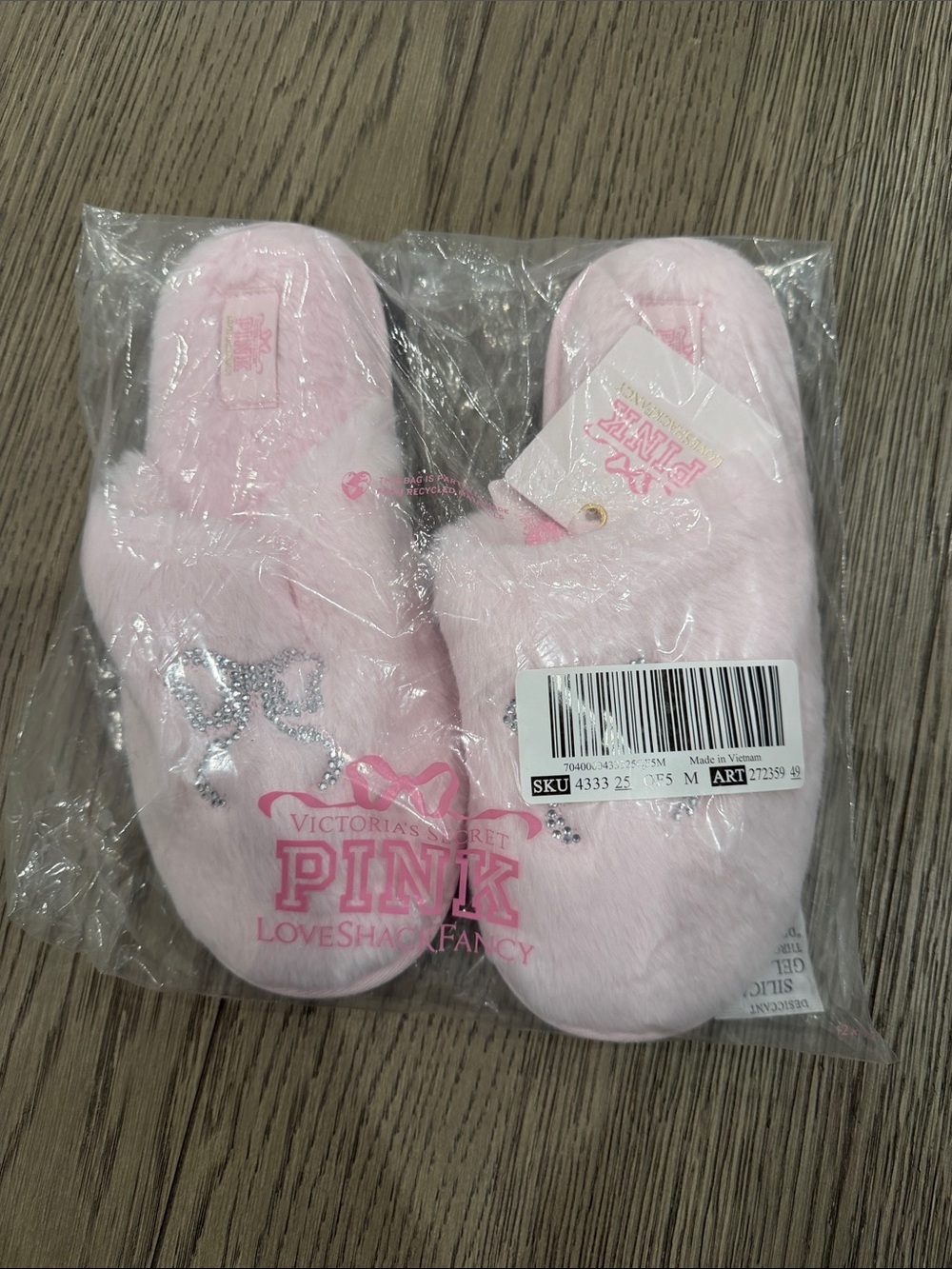 LoveShackFancy X Pink Fuzzy Slippers with Rhinestone Bow